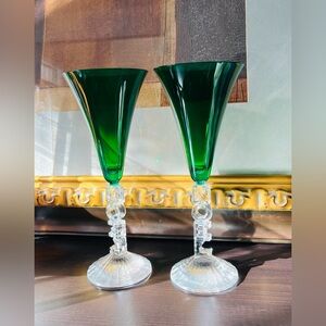 Set (2) Cristal d'Arques Crystal Green NOEL Champagne Flutes Glass